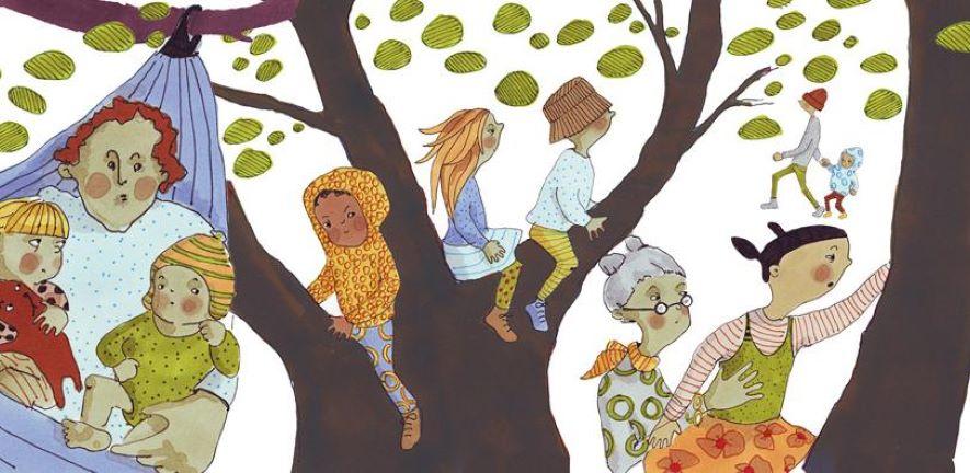 Illustration showing families on a day out at the park, with children climbing the trees