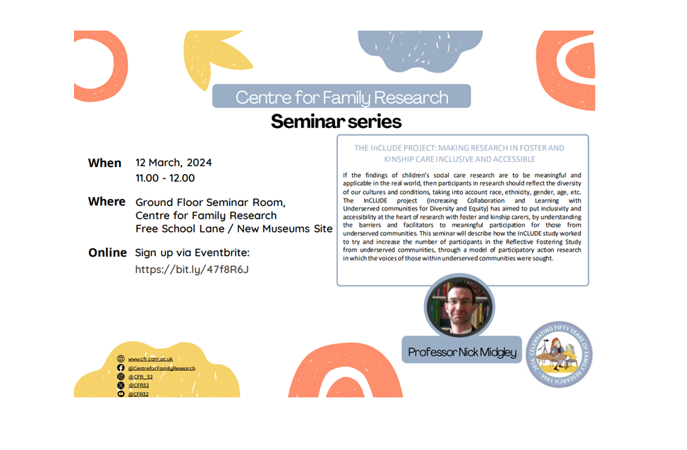 Professor Nick Midgley for the Centre for Family Research Seminar Series. 11am until 12pm on Tuesday, 12th March. Join us in person at the Old Cavendish Building, Free School Lane,  or sign up via Eventbrite to join us online: https://bit.ly/46tUVVO